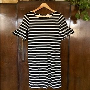 J. Crew Black and White Striped Dress with Bell Sleeves